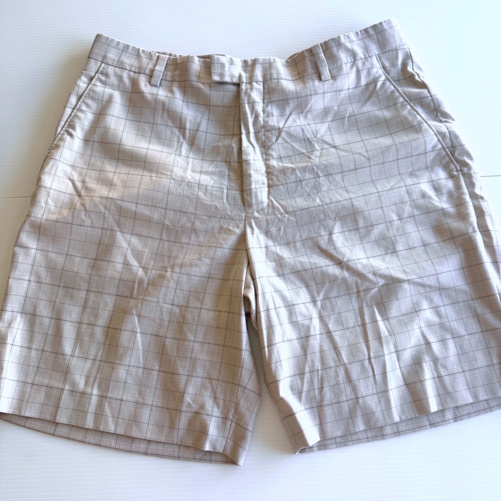 Tiger Woods Collection Golf Shorts 36 Tan Windowpane Plaid Performance Stretch
